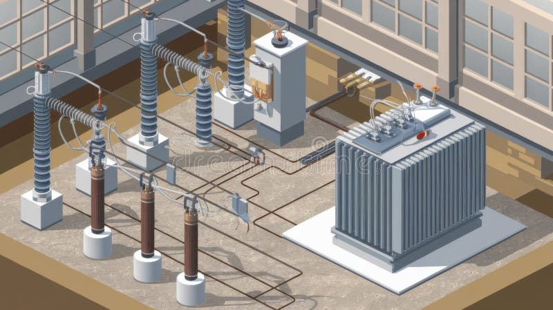 Isometric electrical substation layout featuring transformers, high-voltage lines, circuit breakers, and a grounding system. Detailed technical illustration showing power distribution components, grid infrastructure, and industrial electrical engineering design. Electrical grounding illustrations