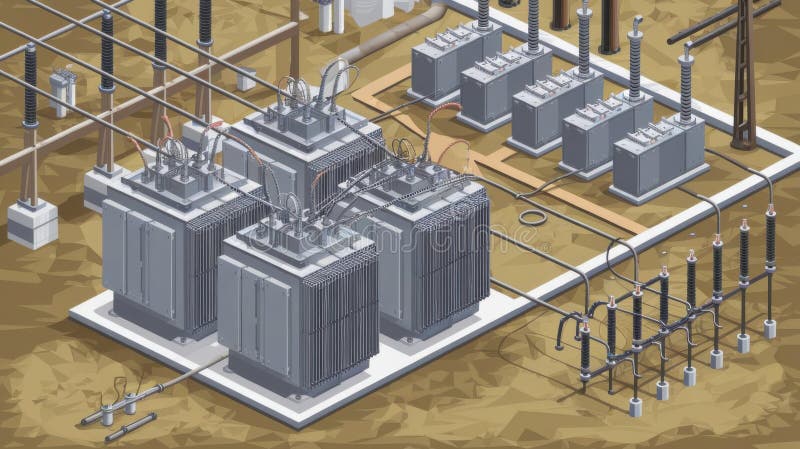 Isometric electrical substation layout featuring transformers, high-voltage lines, circuit breakers, and a grounding system. Detailed technical illustration showing power distribution components, grid infrastructure, and industrial electrical engineering design. Electrical grounding illustrations