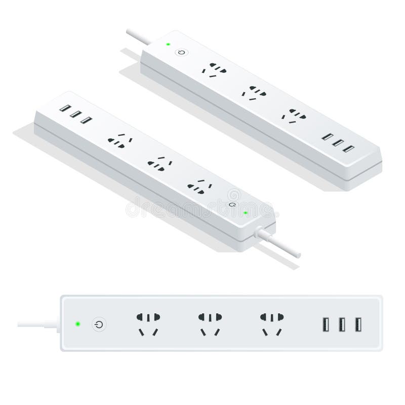 Isometric elektryczny rozszerzenie sznur odizolowywający na białym tle Władza pasek z elektrycznym nasadki cechy ogólnej standard ilustracji