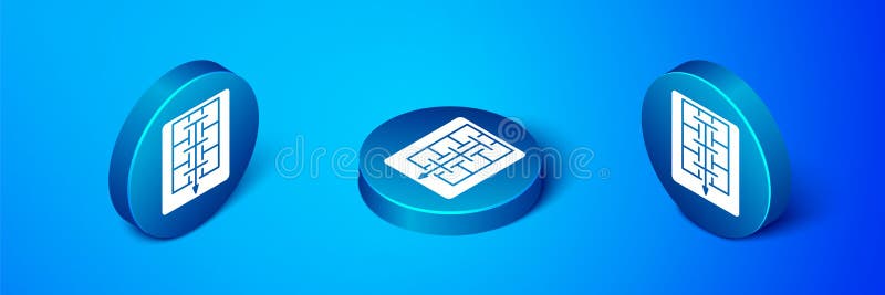 Isometric Evacuation plan icon isolated on blue background. Fire escape plan. Blue circle button. Vector stock illustration
