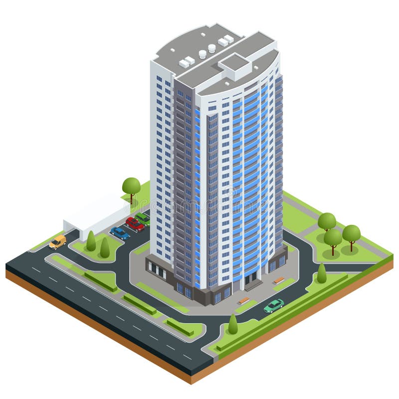 Isometric facade of a multi-storey buildin. Buildings and modern city houses. New residential buildings.