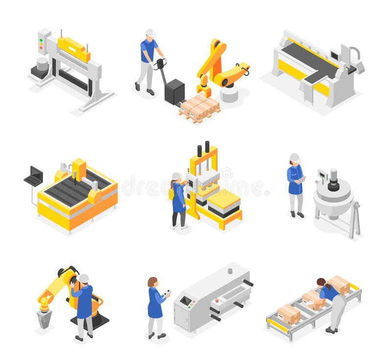 Isometric factory workers. People in uniform working with technology machines and modern robotic arms. Assembly line stock illustration