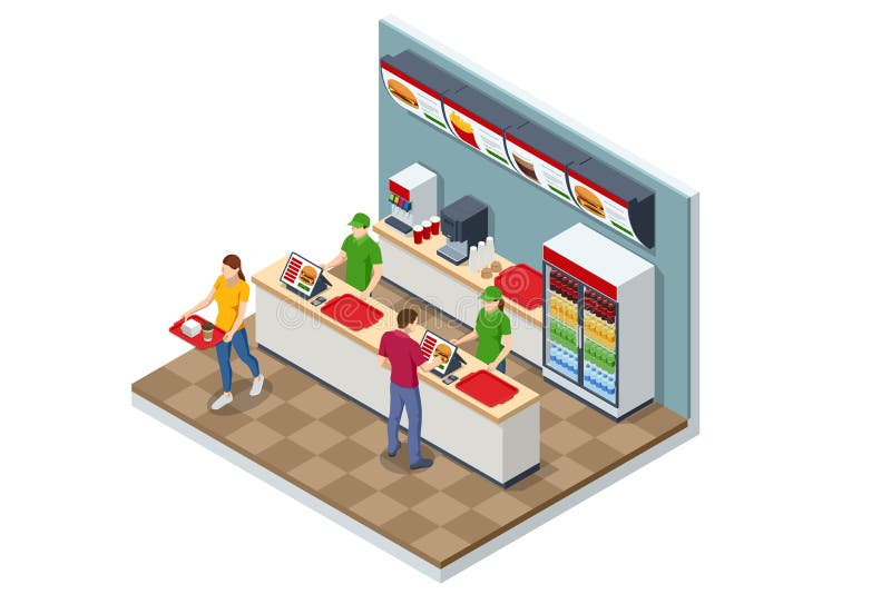 Isometric Fast Food Court Burger, Restaurant Interior, Catering, Shopping Mall, Fast Meal Sale Business, Takeaway