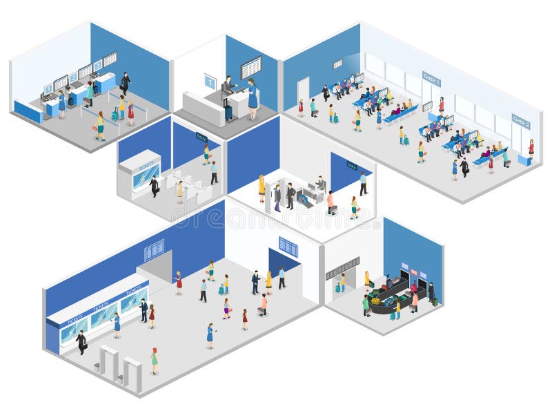 Isometric flat 3D concept interior of airport vector illustration Isometric flat 3D concept interior of airport vector illustration