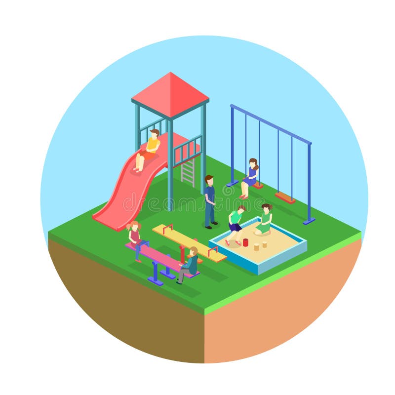 Children playing with parents on kids playground with game equipment.  Isometric cartoon vector illustration with 3d little people. Playground  isometry with swing and slide Stock Vector Image & Art - Alamy