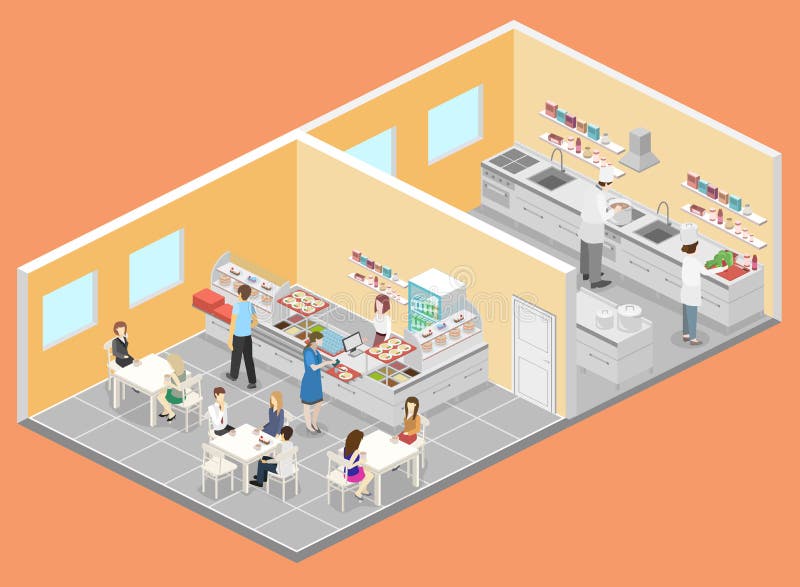 Isometric flat 3D concept interior of cafe, canteen and restaurant kitchen. People sit at the table and eating. Flat 3D illustration. Isometric flat 3D concept interior of cafe, canteen and restaurant kitchen. People sit at the table and eating. Flat 3D illustration