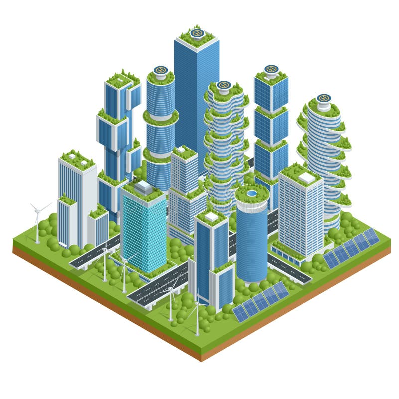 Isometric flat Eco-architecture. Green skyscraper building with plants growing on the facade. Ecology and green living