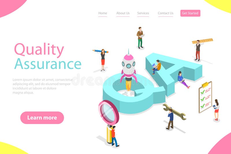Isometric flat vector landing page template of QA, quality assurance. stock illustration