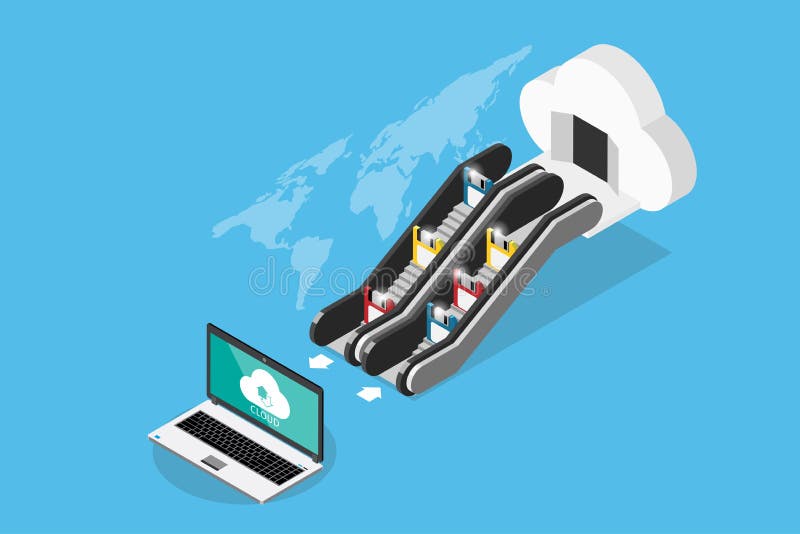 Isometric floppy disks go to the cloud by escalators with world map, backup data concept vector illustration