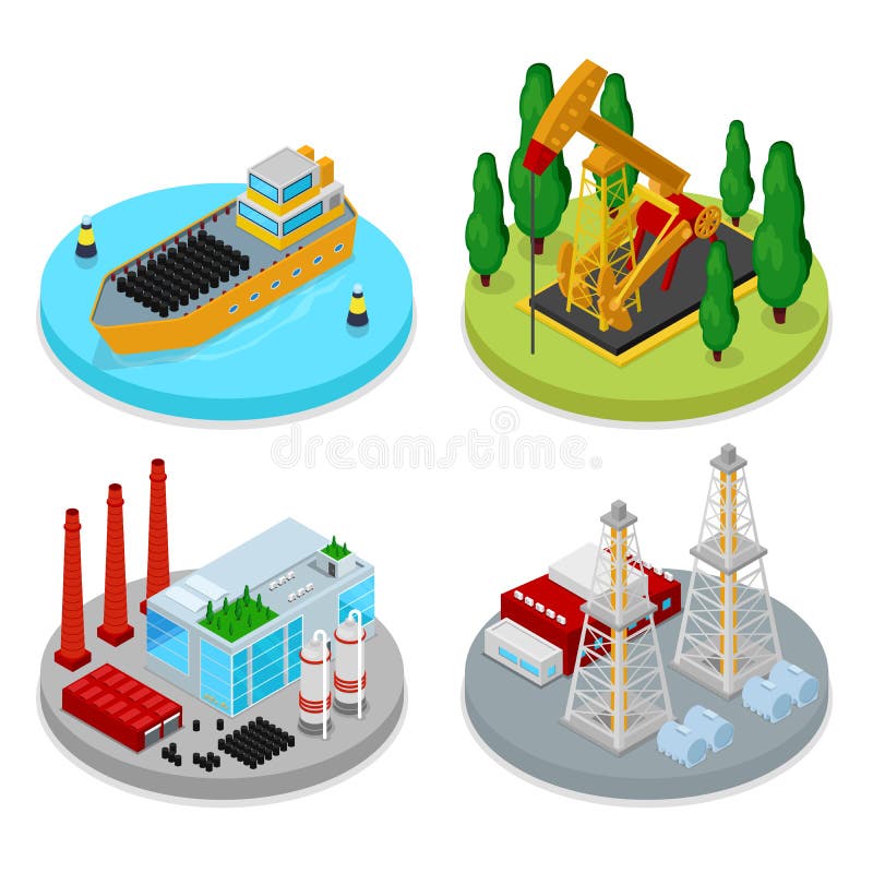 Isometric Gas and Oil Industry. Industrial Plant, Platform Drilling and Barrels. Fuel Production vector illustration Isometric Gas and Oil Industry. Industrial Plant, Platform Drilling and Barrels. Fuel Production vector illustration