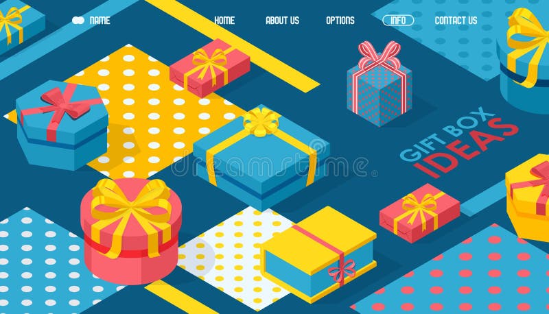 Isometric gift boxes website design, vector illustration. Landing page template with geometric present packages of vector illustration Isometric gift boxes website design, vector illustration. Landing page template with geometric present packages of vector illustration