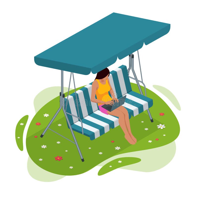 Isometric girl with a laptop sitting on the garden swing. Place for outdoor recreation isolated on white background.