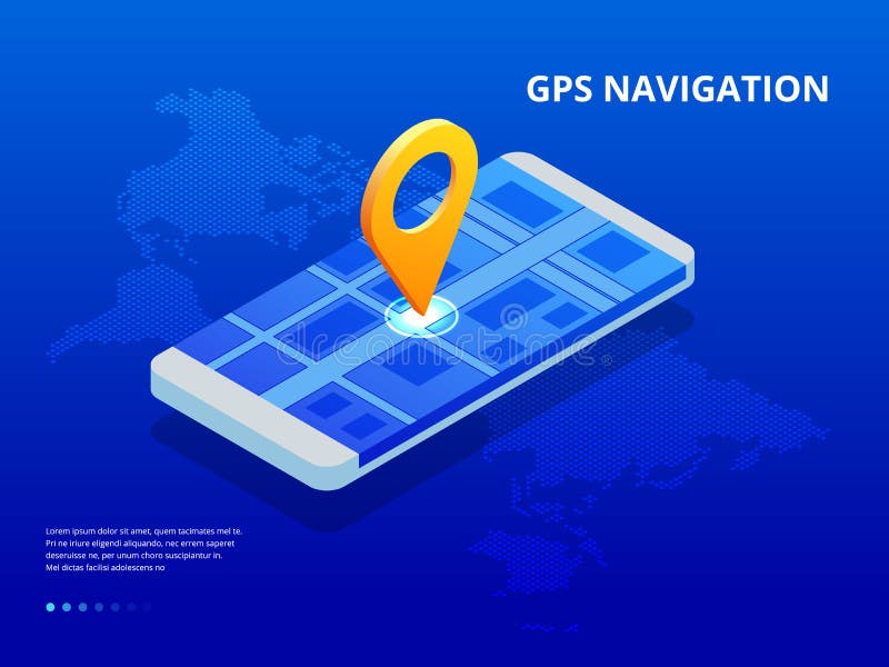 Isometric GPS navigation in the phone with a red pointer. Vector illustration on blue background royalty free illustration