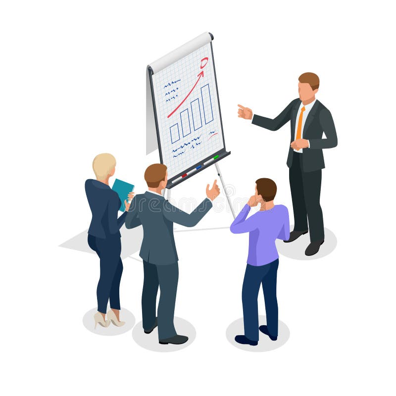 Isometric Group of business people looking at the graph on flipchart stock illustration Isometric Group of business people looking at the graph on flipchart stock illustration