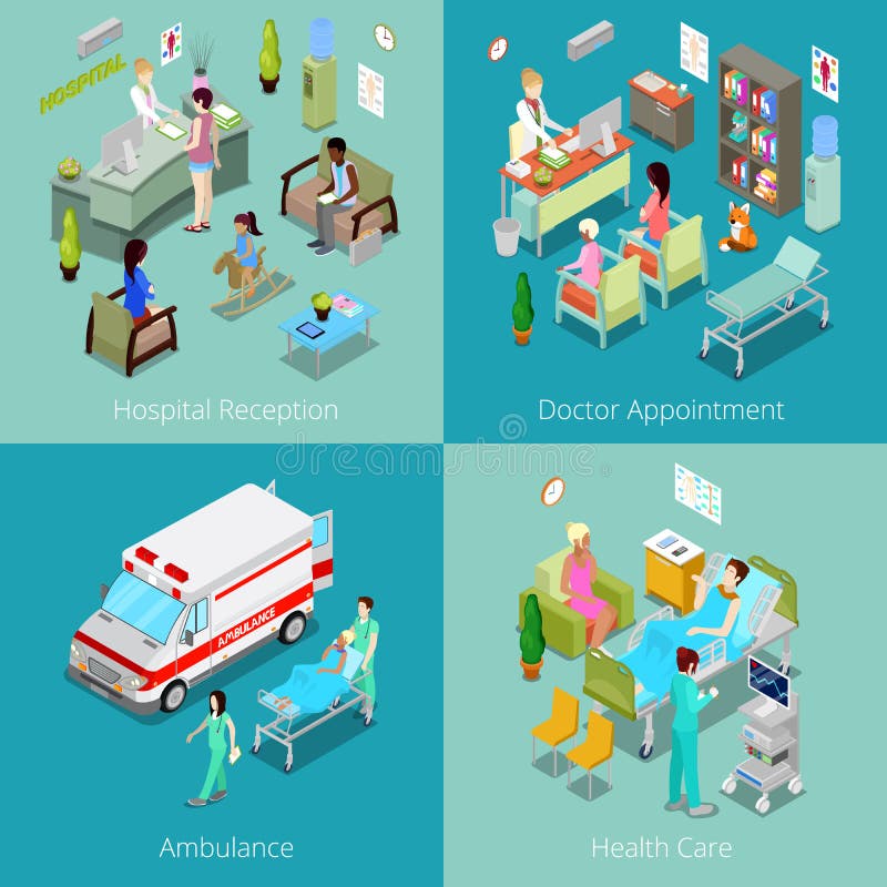 Isometric Hospital Interior. Doctor Appointment, Hospital Reception, Ambulance First Aid, Health Care royalty free illustration Isometric Hospital Interior. Doctor Appointment, Hospital Reception, Ambulance First Aid, Health Care royalty free illustration