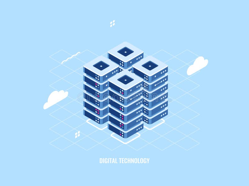 Isometric icon of server room rack, cloud storage technology, data center and database, data processing system, smart vector illustration Isometric icon of server room rack, cloud storage technology, data center and database, data processing system, smart vector illustration