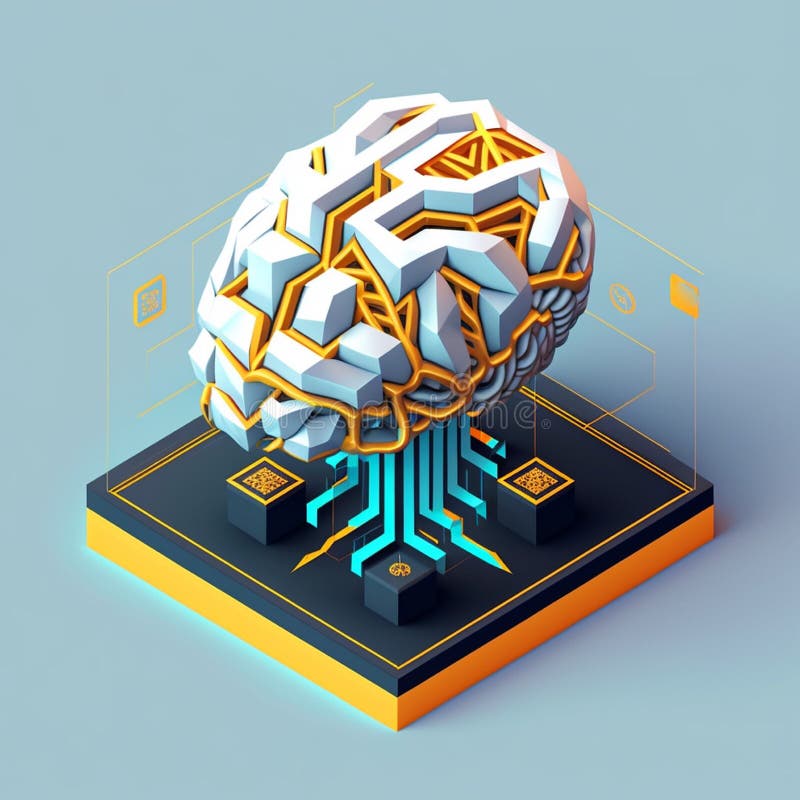 Isometric illumination of robotic human brain with detailed circuits. Concept art of artificial intelligence, machine learning stock illustration