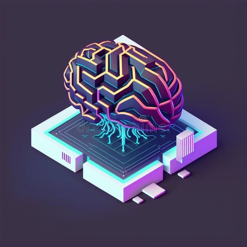 Isometric illumination of robotic human brain with detailed circuits. Concept art of artificial intelligence, machine learning stock illustration