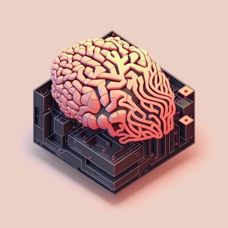 Isometric illumination of robotic human brain with detailed circuits. Concept art of artificial intelligence, machine learning vector illustration