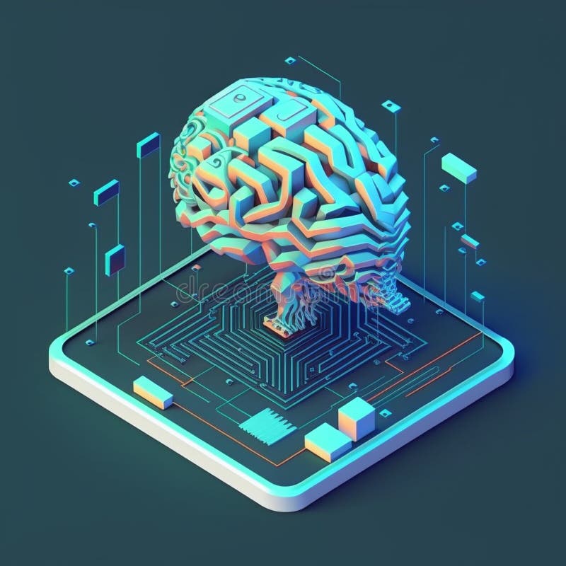 Isometric illumination of robotic human brain with detailed circuits. Concept art of artificial intelligence, machine learning stock illustration