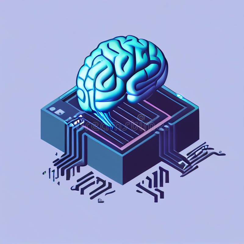 Isometric illumination of robotic human brain with detailed circuits. Concept art of artificial intelligence, machine learning stock illustration