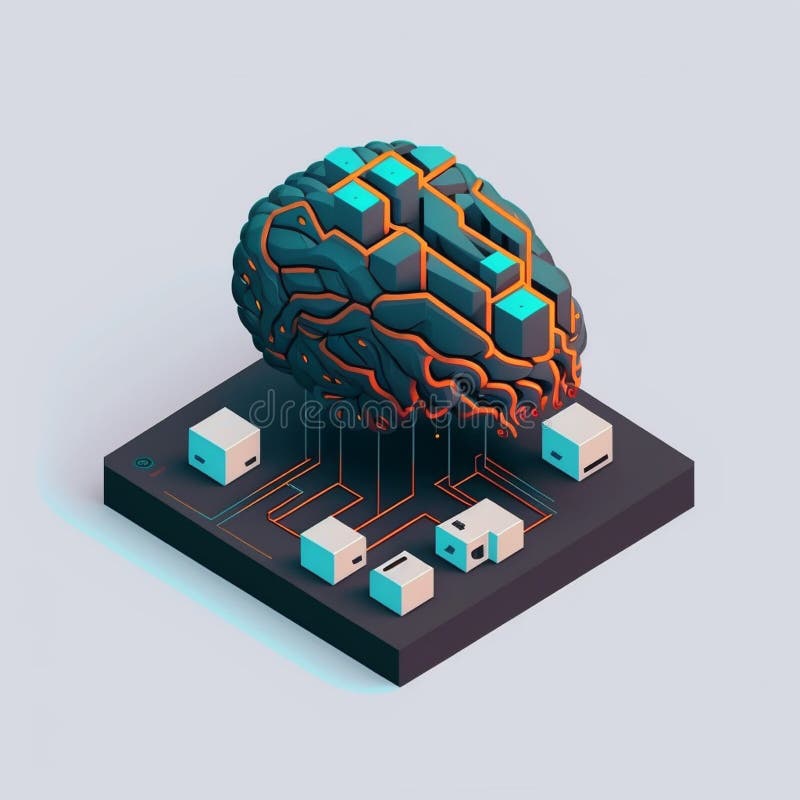 Isometric illumination of robotic human brain with detailed circuits. Concept art of artificial intelligence, machine learning vector illustration