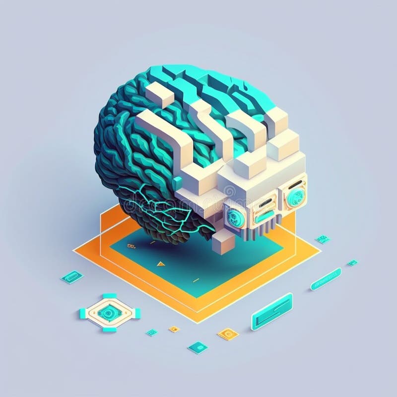 Isometric illumination of robotic human brain with detailed circuits. Concept art of artificial intelligence, machine learning stock illustration