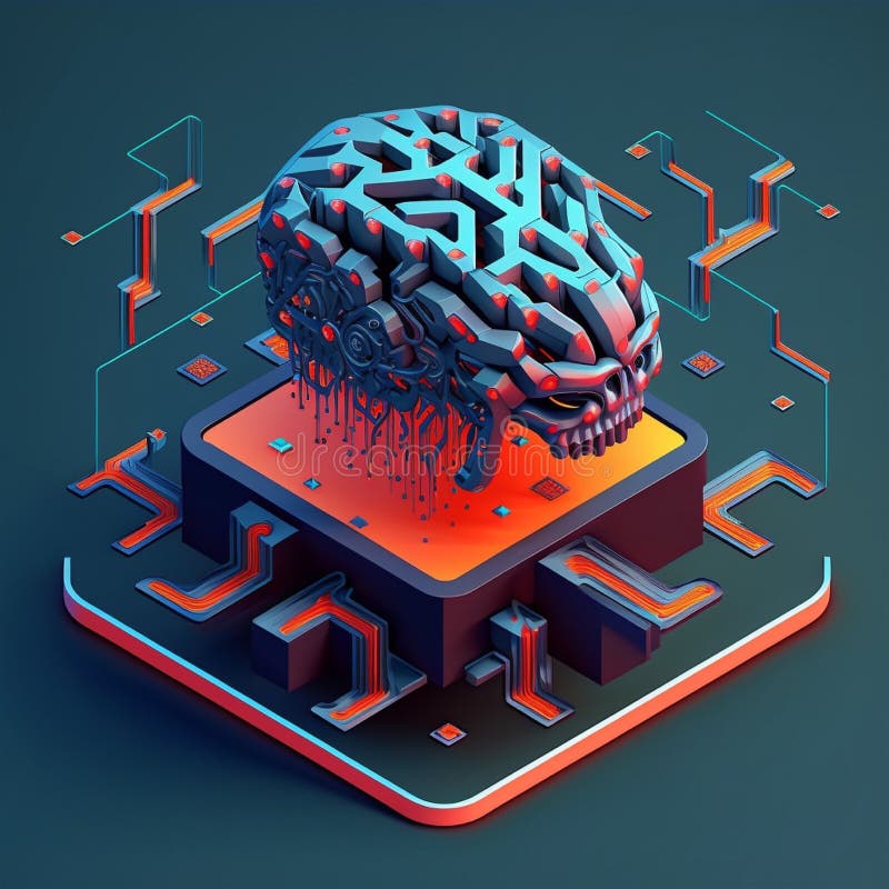 Isometric illumination of robotic human brain with detailed circuits. Concept art of artificial intelligence, machine learning stock illustration