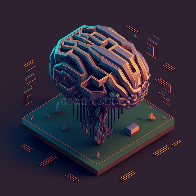 Isometric illumination of robotic human brain with detailed circuits. Concept art of artificial intelligence, machine learning royalty free illustration