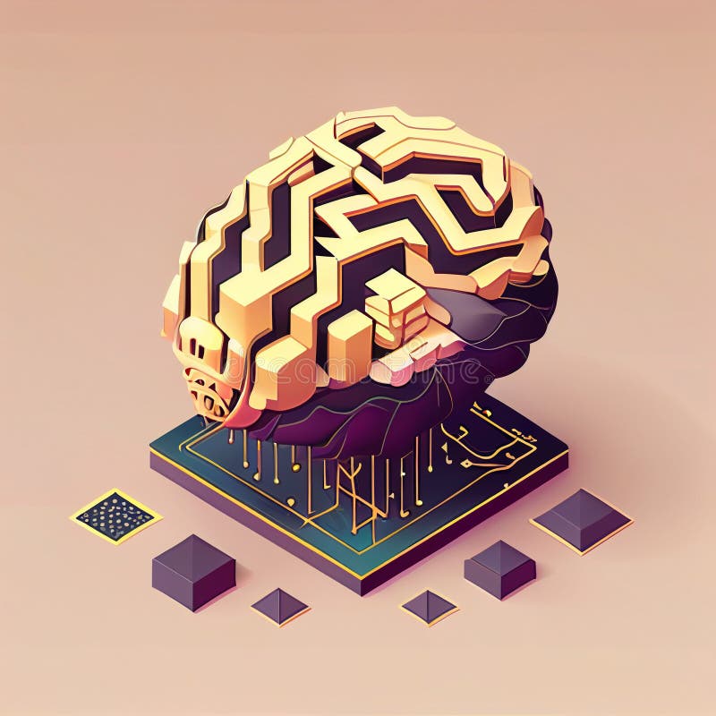 Isometric illumination of robotic human brain with detailed circuits. Concept art of artificial intelligence, machine learning vector illustration