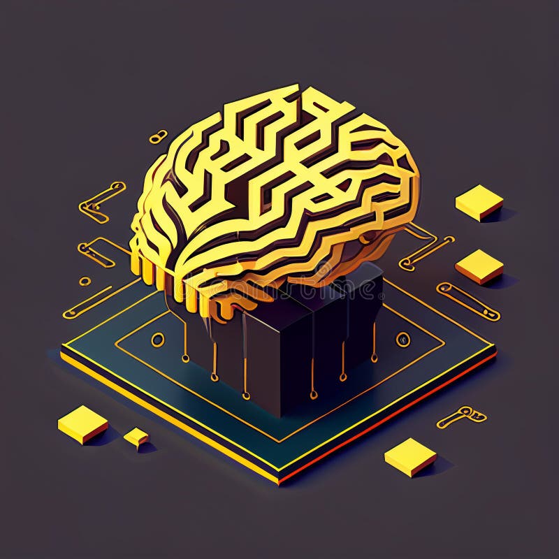 Isometric illumination of robotic human brain with detailed circuits. Concept art of artificial intelligence, machine learning royalty free illustration