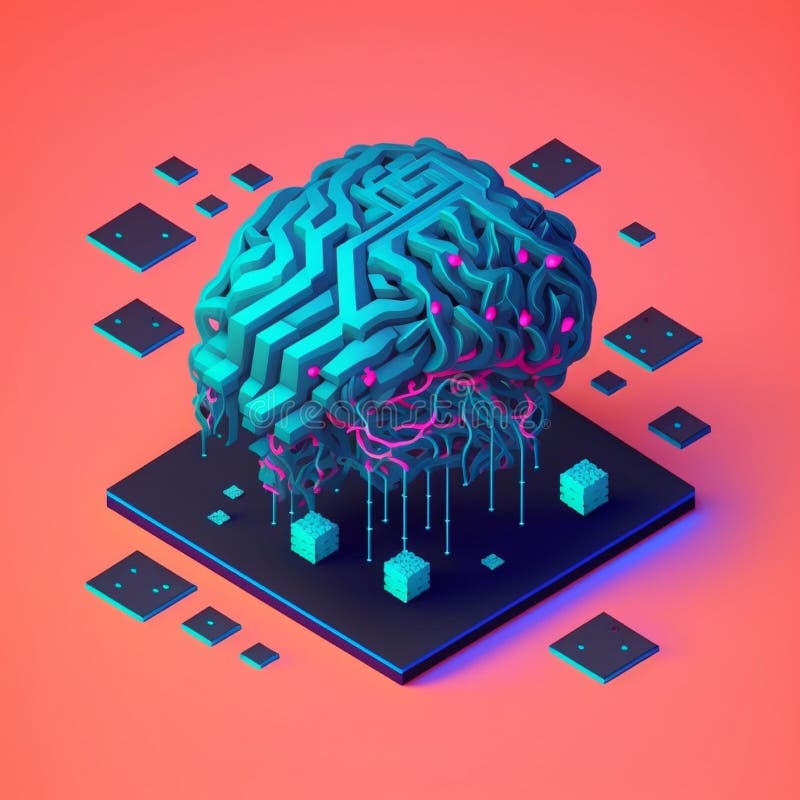 Isometric illumination of robotic human brain with detailed circuits. Concept art of artificial intelligence, machine learning vector illustration