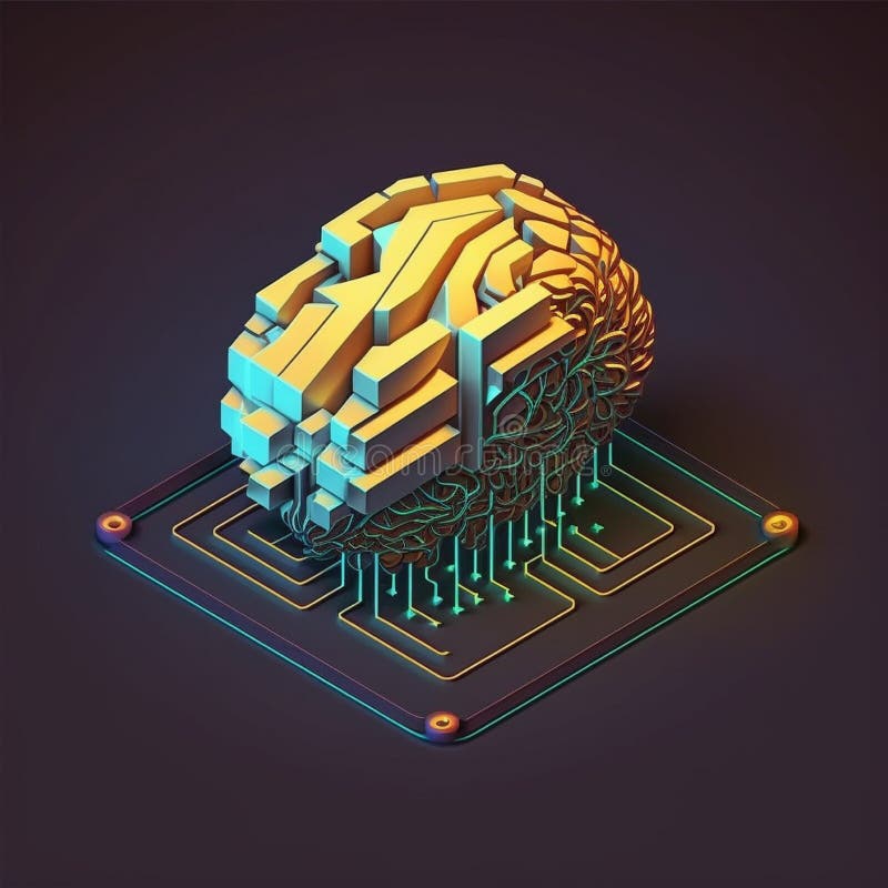 Isometric illumination of robotic human brain with detailed circuits. Concept art of artificial intelligence, machine learning vector illustration