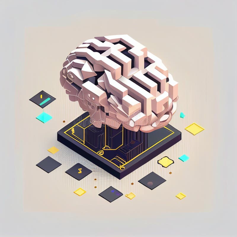 Isometric illumination of robotic human brain with detailed circuits. Concept art of artificial intelligence, machine learning vector illustration