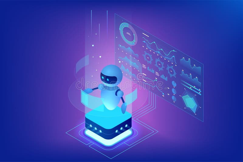 Isometric illustration of an AI chatbot robot interacting with futuristic data dashboards and holographic graphs vector illustration