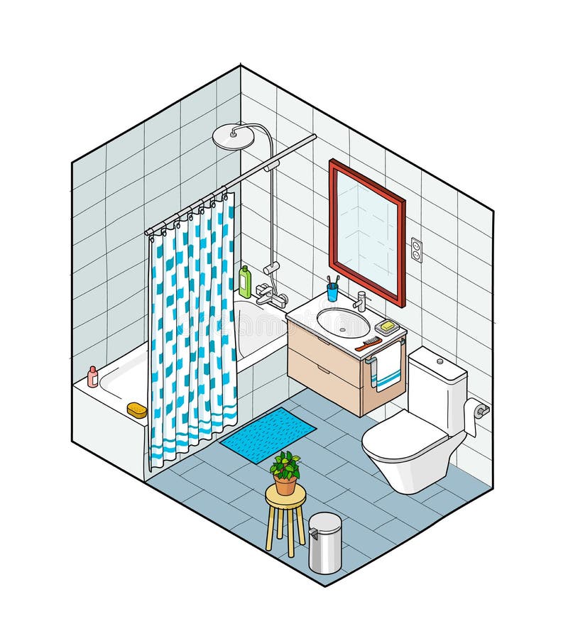 Isometric illustration of bathroom. Hand drawn interior view. royalty free illustration Isometric illustration of bathroom. Hand drawn interior view. royalty free illustration