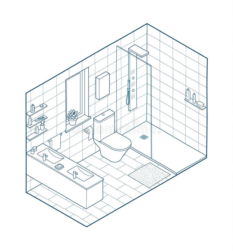 Isometric Illustration of Bathroom. Hand Drawn Interior View. Stock ...