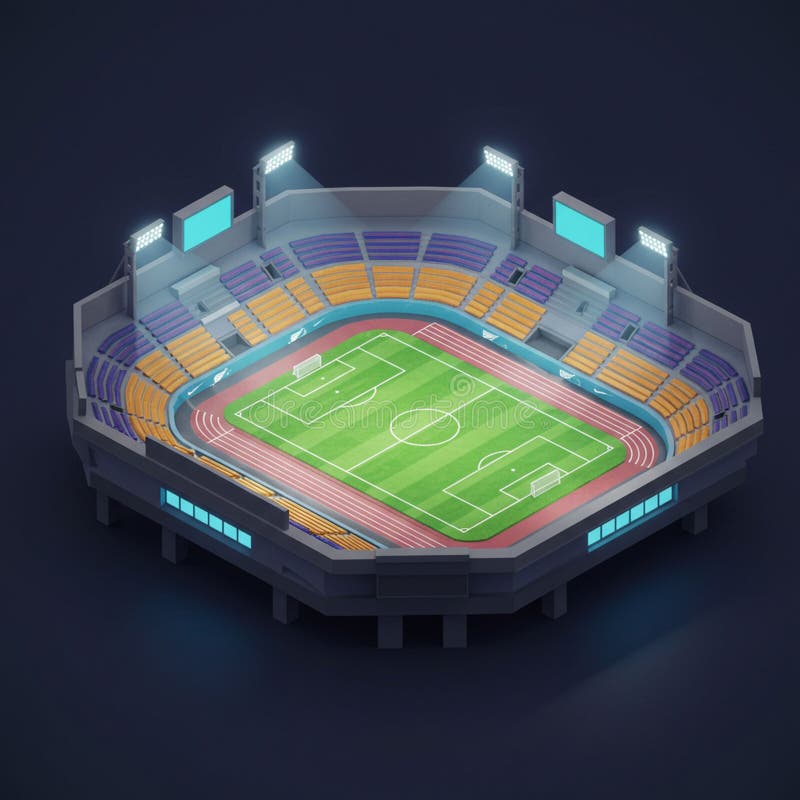 Isometric illustration of a brightly lit, modern stadium with a green rectangular football vector illustration