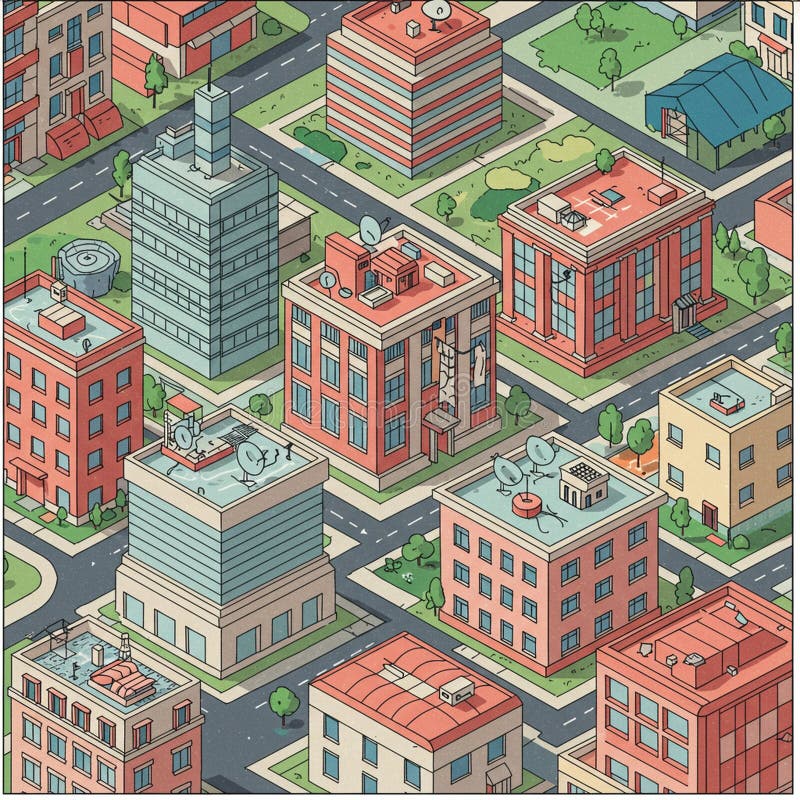 An isometric illustration of a cityscape features a series of modern, rectangular stock illustration