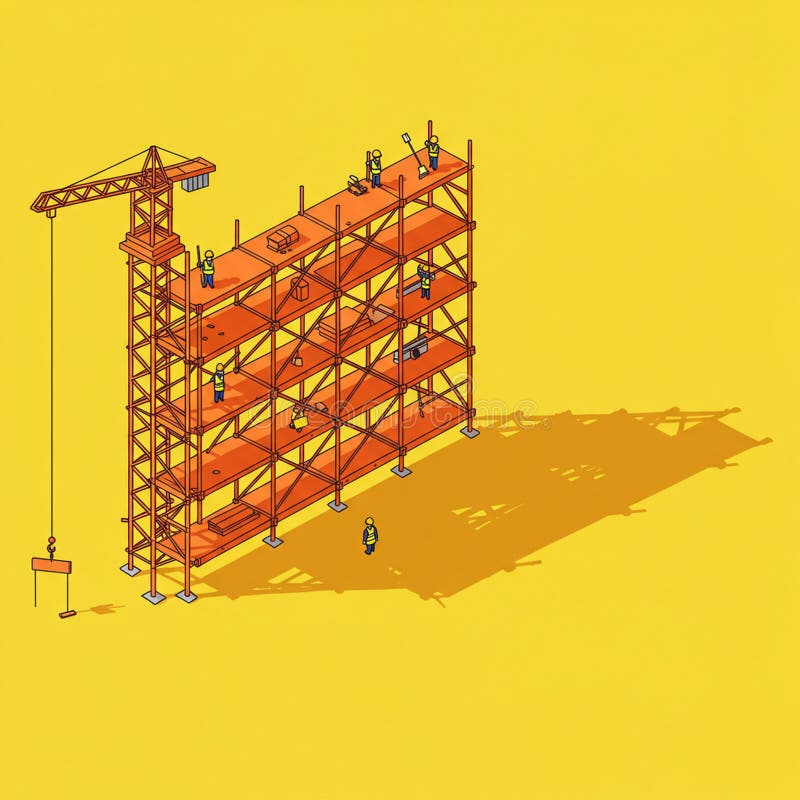 Isometric illustration of a construction site on a yellow background. The scene stock illustration