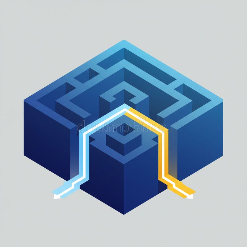An isometric illustration of a 3D maze in various shades of blue. The maze is depicted vector illustration