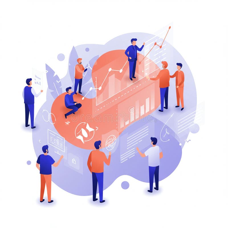 An isometric illustration demonstrating collaboration and data analysis. Various vector illustration