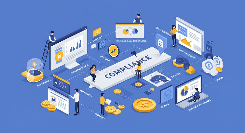 Isometric illustration depicting a compliance theme against a blue background. stock illustration