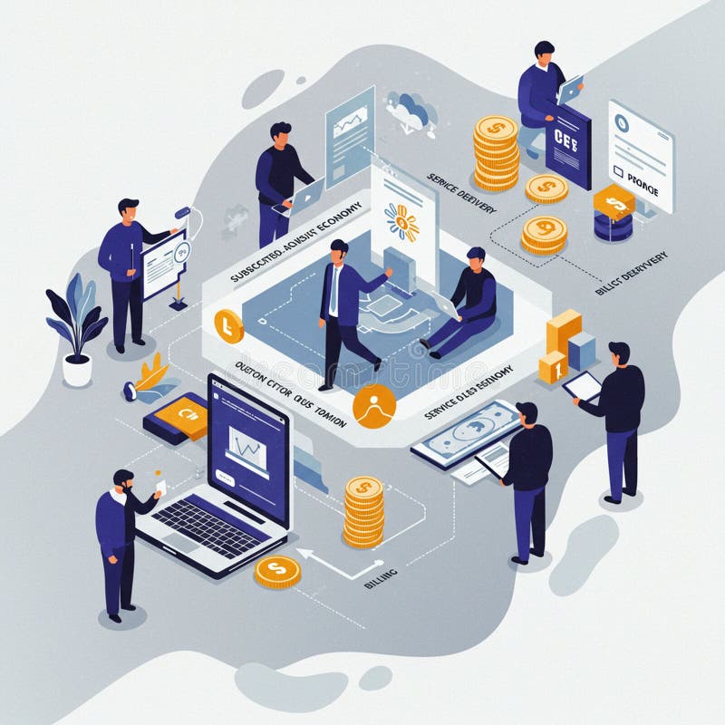 Isometric illustration depicting a digital workflow or business process. Diverse group stock illustration