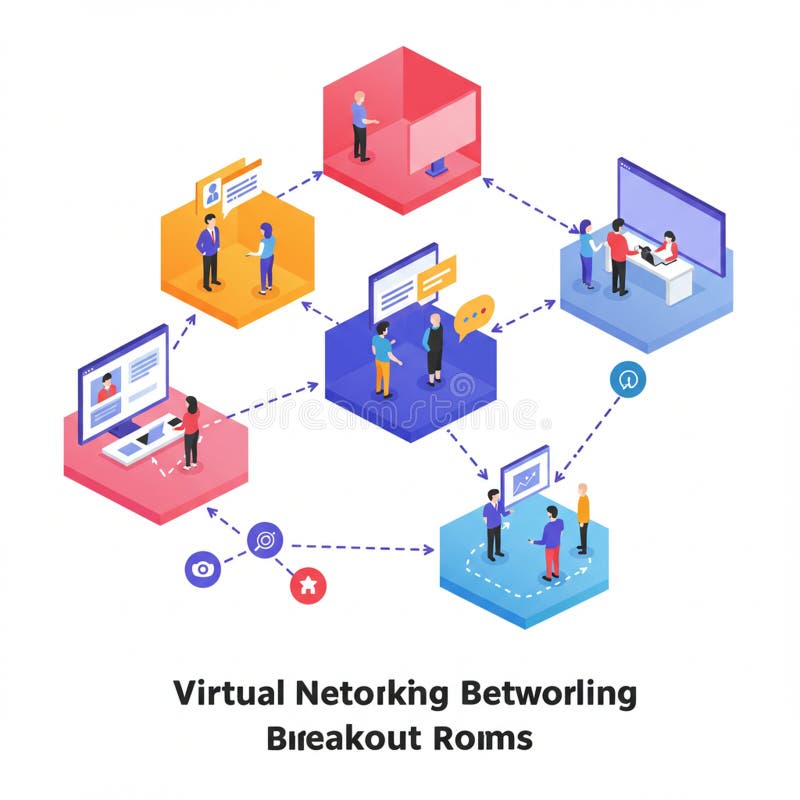 Isometric illustration depicting a virtual networking concept with breakout rooms. vector illustration