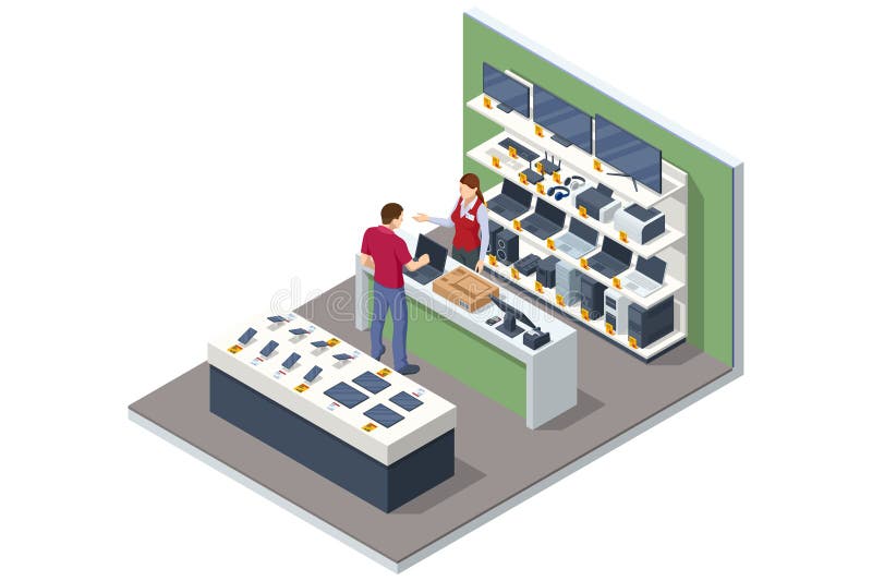 Isometric illustration of an electronics store checkout area where a customer buys a laptop, surrounded by shelves with computers, printers, speakers and accessories. Tech store vectors