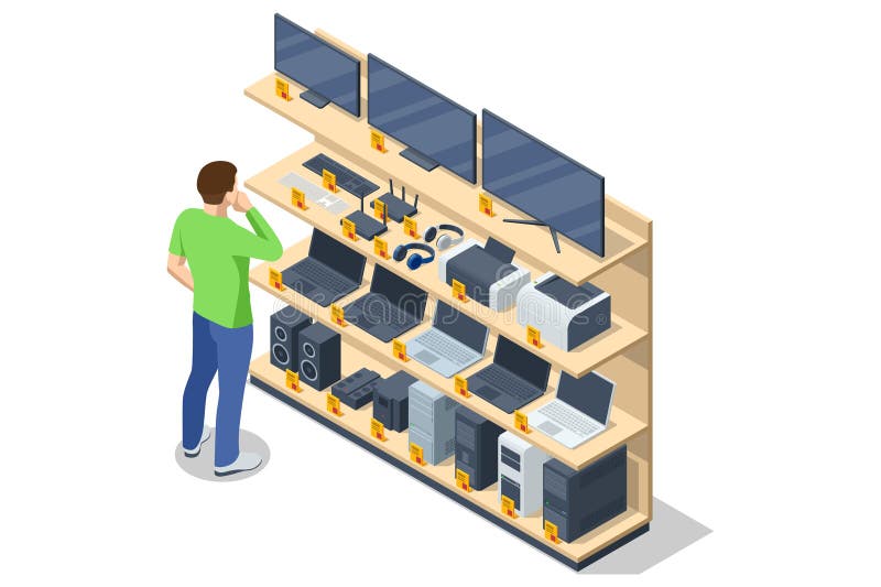 Isometric illustration of an electronics store customer looking at shelves full of laptops, monitors, printers, speakers, routers and various tech products. Tech store vectors