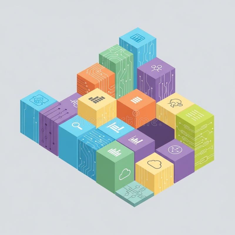 Isometric illustration featuring colorful 3D blocks arranged in a stepped stock illustration