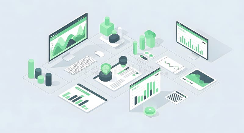 Isometric data analysis illustration showing charts and computers with green accents royalty free illustration