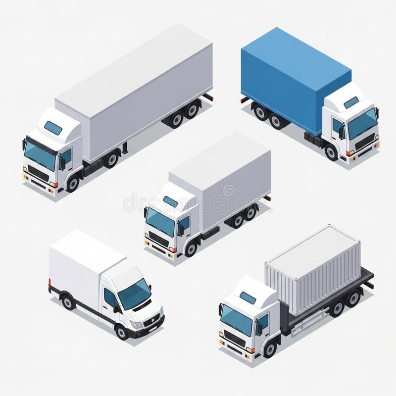Isometric illustration of five trucks and a van on a plain background vector illustration